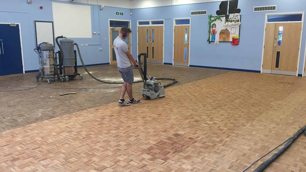 Wood Floor Restoration at Austhorpe Primary School Wood Floor Restoration, Renue UK